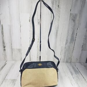 Etienne Aigner Beige Canvas Navy Blue Faux Leather Shoulder Purse Women's Bag